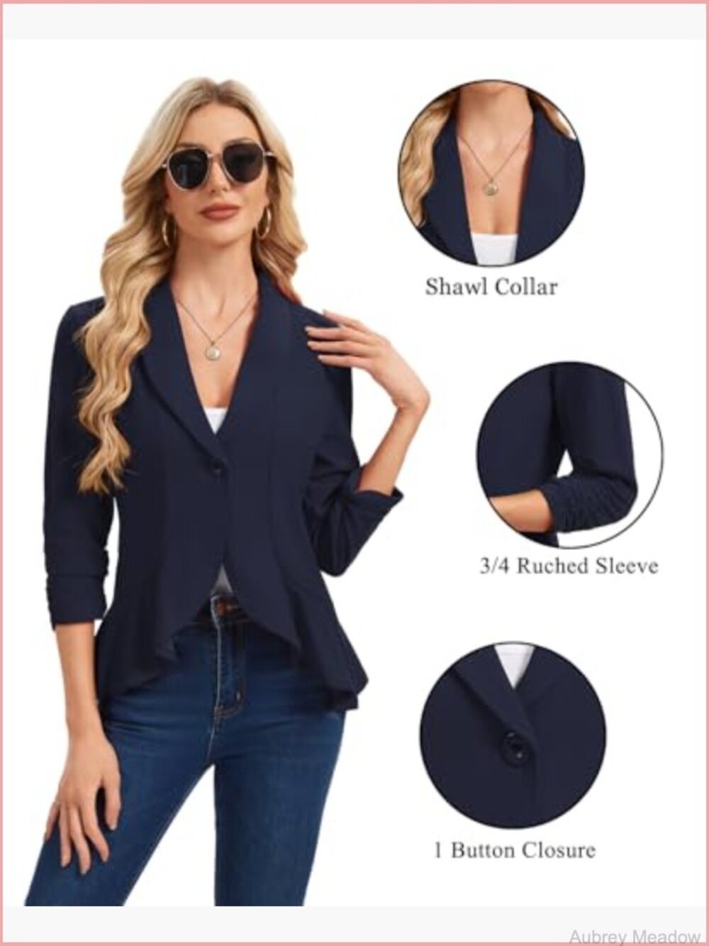 Casual Ruched 3/4 Sleeve Blazer Ruffle Hem Shawl Lapel One Button Jacket Suit - Picture 4 of 7